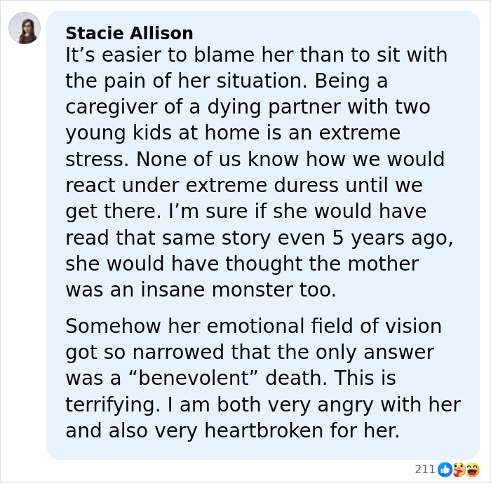 Comment by Stacie Allison expressing empathy and shock over a broken mother who k****d her sons after her husband’s death. Comment by Stacie Allison expressing empathy and shock over a broken mother who k****d her sons after her husband’s death.