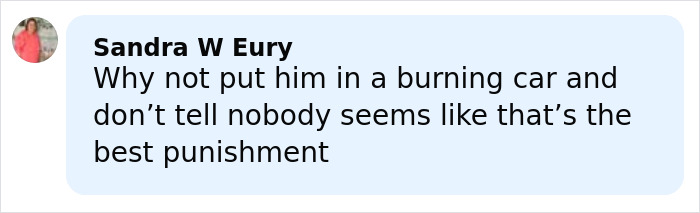 Comment by Sandra W Eury discussing punishment related to man leaving 2-year-old daughter in burning car after drunk crash