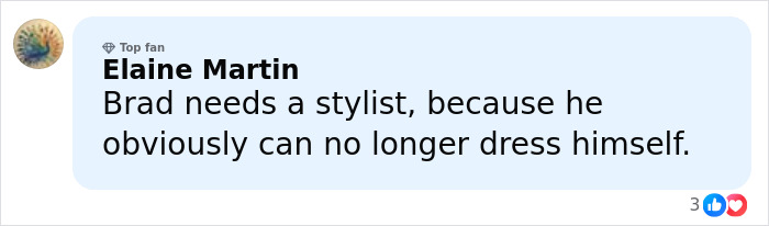 Comment from Elaine Martin expressing opinion on Brad Pitt's appearance and style at a Hollywood premiere sparking speculation. Comment from Elaine Martin expressing opinion on Brad Pitt's appearance and style at a Hollywood premiere sparking speculation.