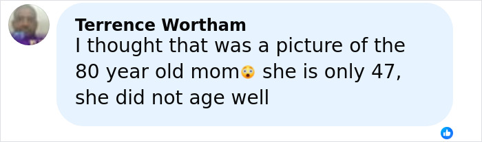 Comment by Terrence Wortham expressing surprise about the appearance of a former news anchor's mother. Comment by Terrence Wortham expressing surprise about the appearance of a former news anchor's mother.