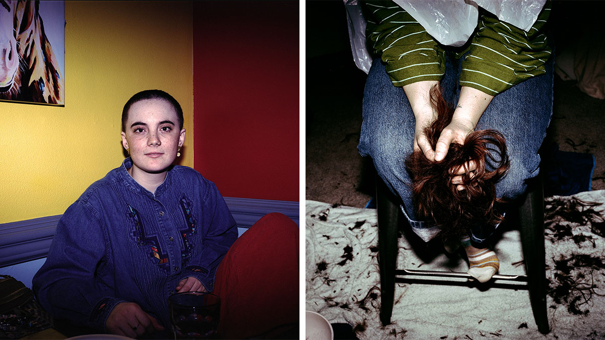 Portrait of a woman with shaved head in colorful room and hands holding cut hair, capturing the duality of womanhood in photography.