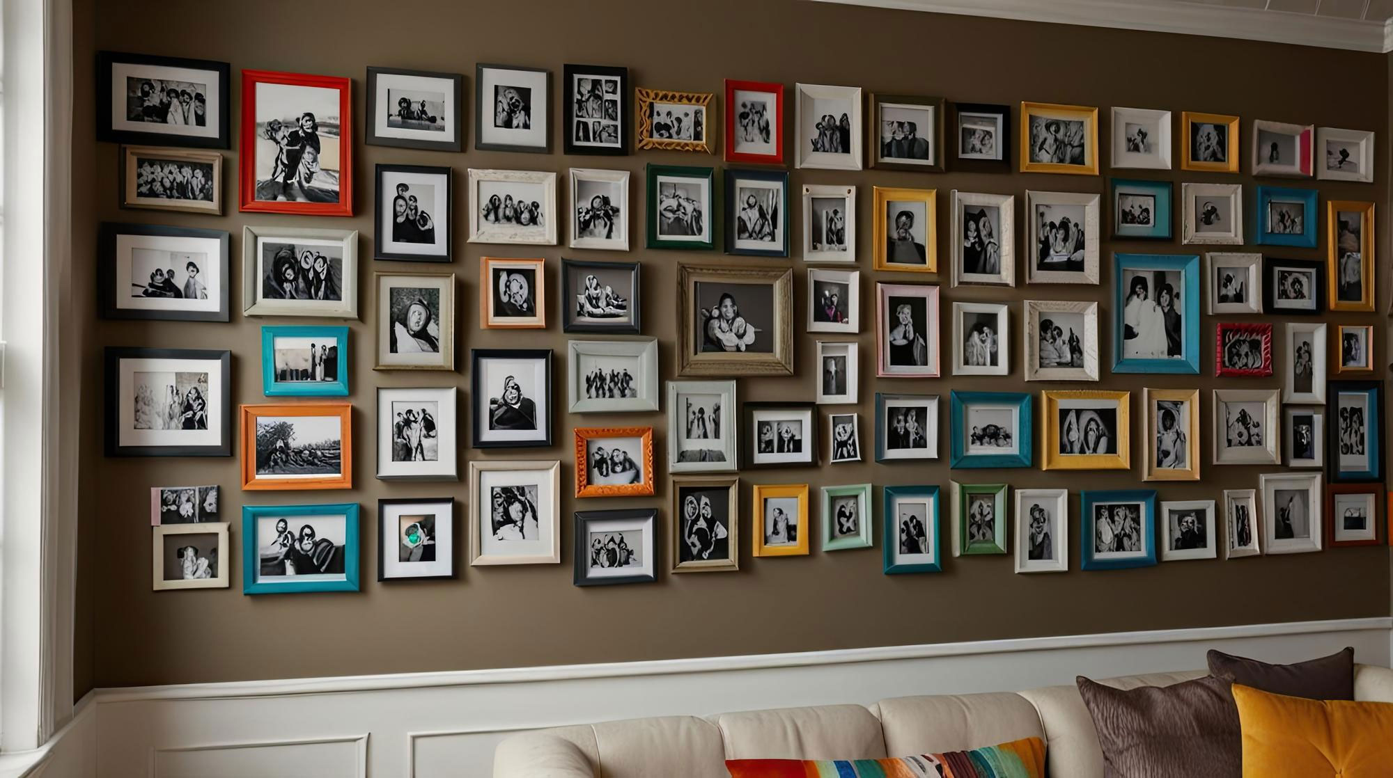 Wall covered with numerous family pictures in colorful frames, highlighting jealous wife and hubby's mom photo conflict. Wall covered with numerous family pictures in colorful frames, highlighting jealous wife and hubby's mom photo conflict.