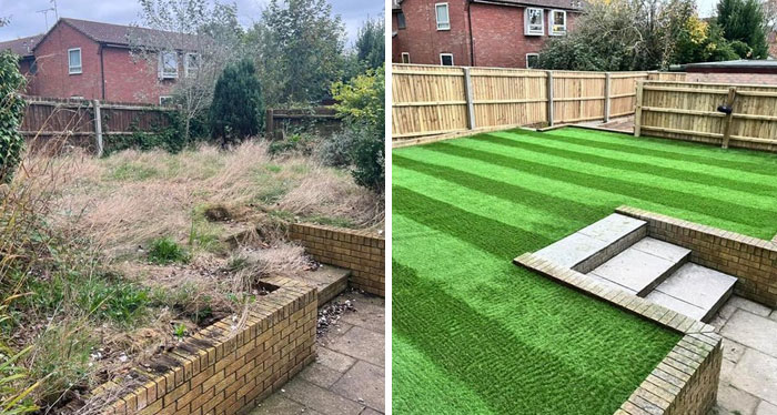 Before and after images of a backyard with poor design and landscaping showcasing architecture nightmares and lack of common sense.