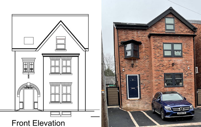 Exterior view of a brick house with a misplaced door and windows showcasing design and architecture nightmares.