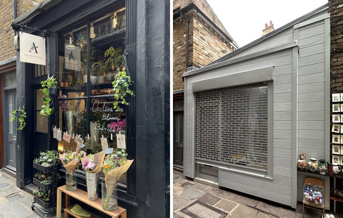 Left image showing a flower shop with plants and bouquets outside, right image showing a closed modern storefront, design and architecture nightmare.