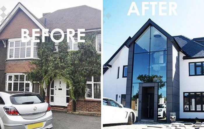 Before and after images of a home renovation showing design and architecture improvements with modern glass facade.
