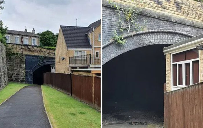 Two images showing design and architecture nightmares with a house awkwardly built into a bridge archway.