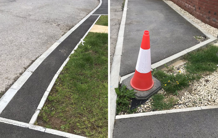 Two photos showing design and architecture nightmares with impractical narrow pathways and misplaced traffic cone.