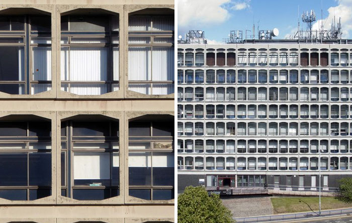 Close-up and wide views of a building facade showing design and architecture nightmares with repetitive window patterns. Close-up and wide views of a building facade showing design and architecture nightmares with repetitive window patterns.