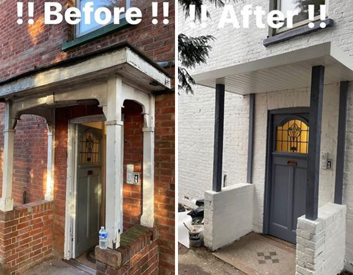 Before and after images of a home entrance showcasing design and architecture improvement to fix common sense mistakes.
