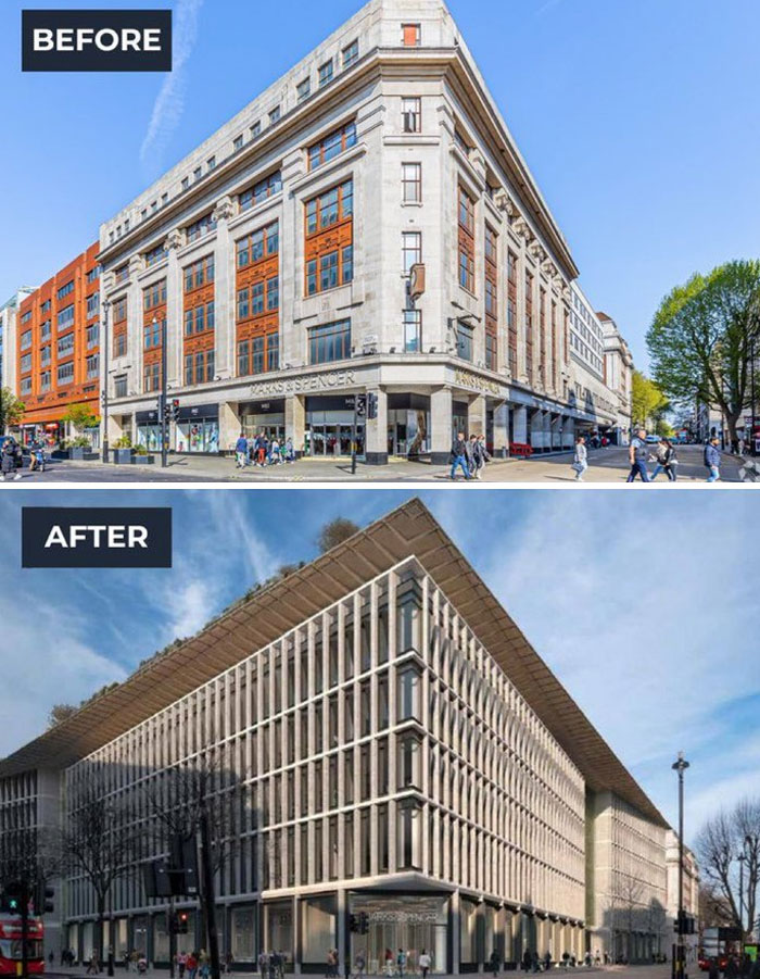 Before and after images showing a building renovation with notable design and architecture changes in an urban setting.