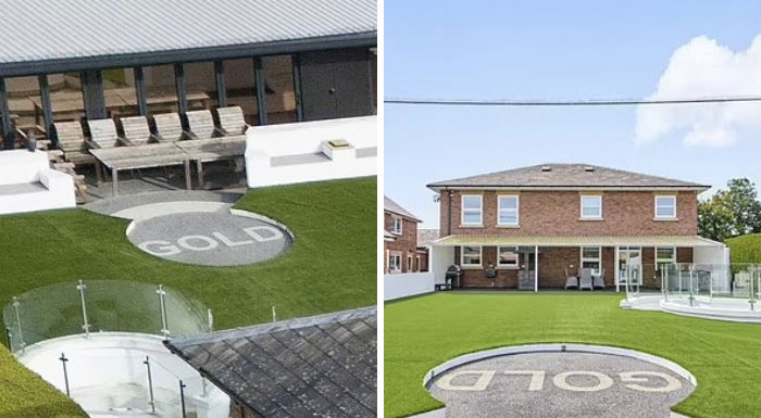 A backyard with a sunken patio labeled GOLD, showcasing a design and architecture nightmare in a residential setting.