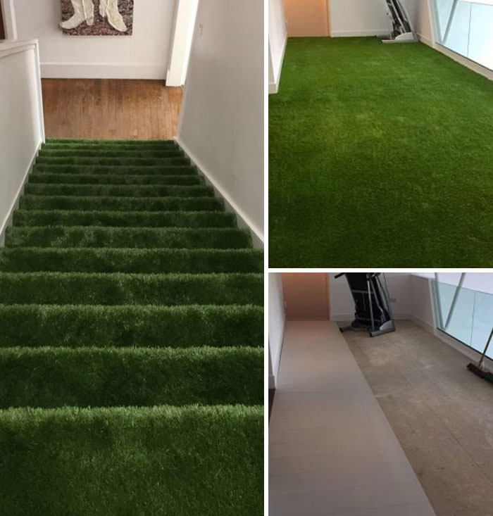 Stairs and floor covered in green artificial grass carpet showcasing a design and architecture nightmare example.
