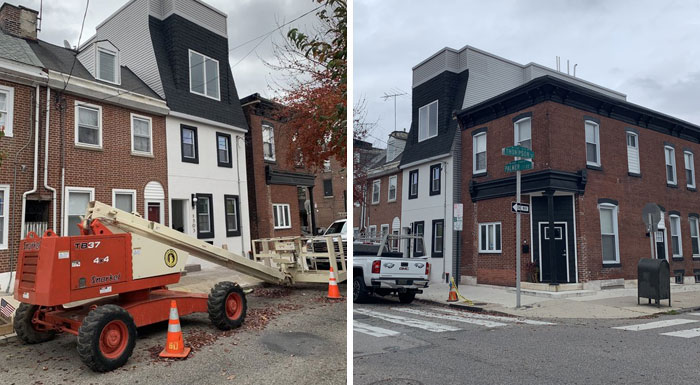 Two images showing design and architecture nightmares with awkward building extensions and mismatched styles on city streets.