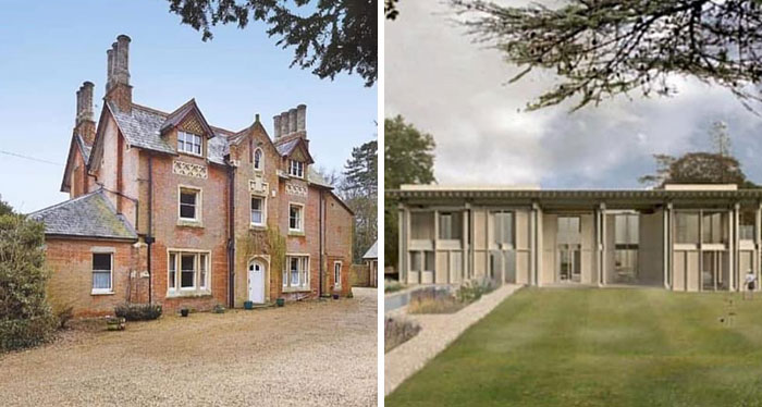 Two contrasting architecture design nightmares showing an old brick house and a modern building with poor design elements at night.