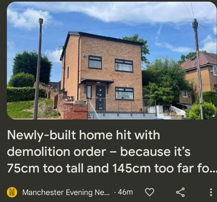 A newly-built house facing demolition due to design and architecture issues with height and setback violations.