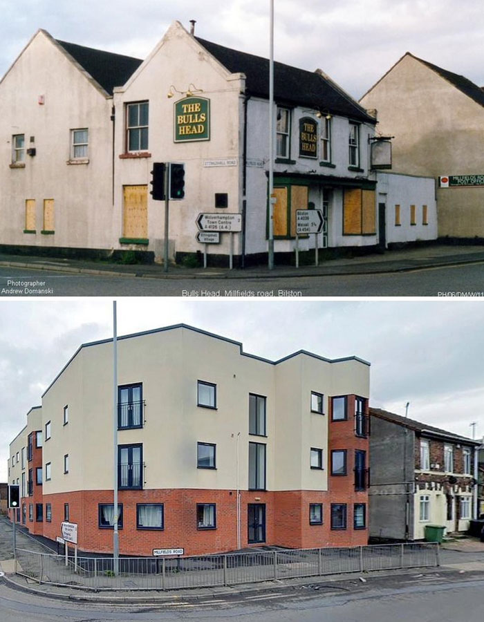 Old and new buildings on Millfields Road showing design and architecture nightmares with poor common sense choices.