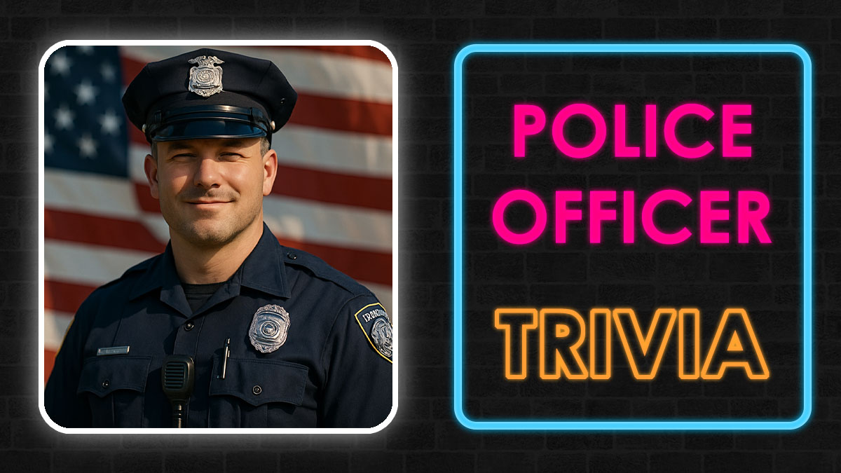 Smiling U.S. police officer in uniform with American flag background next to neon sign reading police officer trivia.