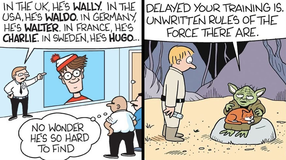 Two-panel Mark Parisi one-panel comics featuring iconic characters including Waldo and Yoda with humorous dialogue.