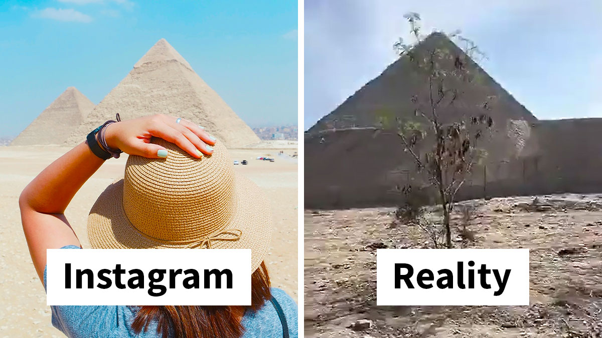Split image comparing Instagram travel photo of pyramids with reality, illustrating Miami and cities not meeting online hype.