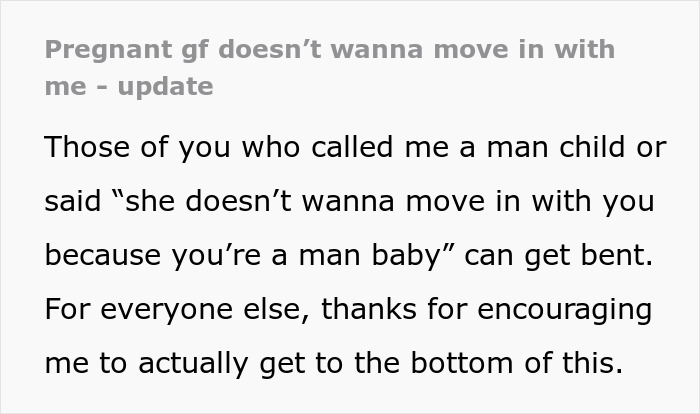 Pregnant girlfriend refusing to move together shares update addressing criticism and clarifying relationship situation.