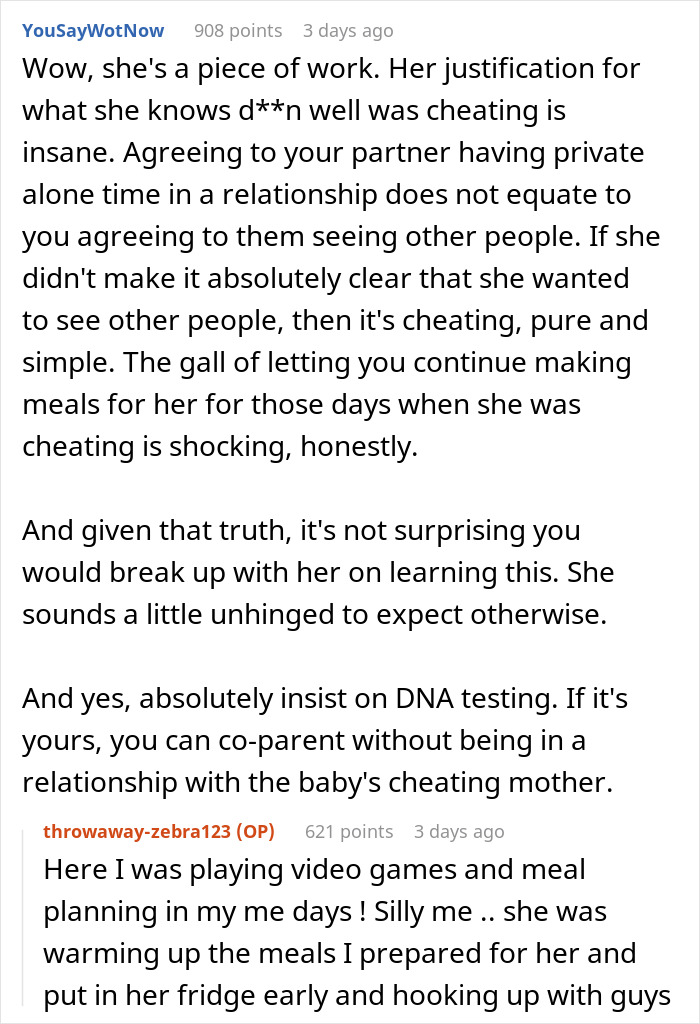 Comment thread discussing a pregnant girlfriend refusing to move together, highlighting trust and relationship issues.