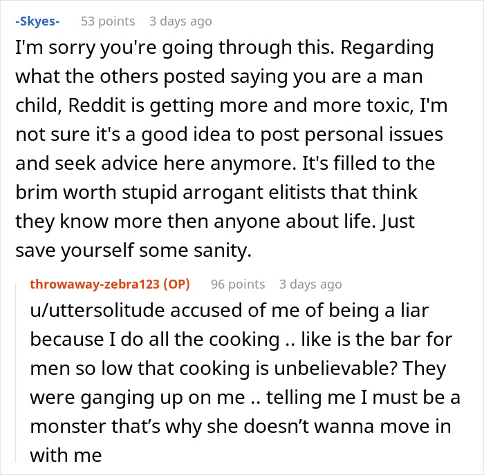 Screenshot of a Reddit conversation discussing a pregnant girlfriend refusing to move in together due to relationship issues.