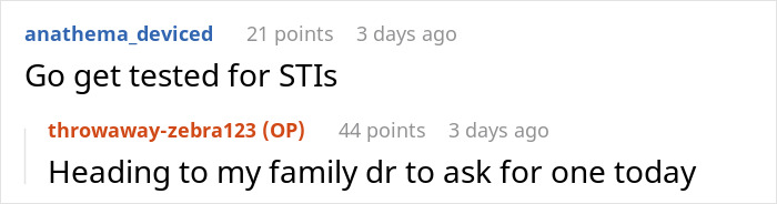 Screenshot of an online discussion where a user advises getting tested for STIs in a conversation about a pregnant GF refusing to move together.