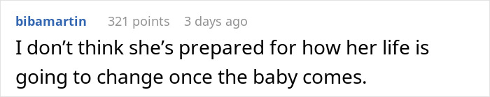 Comment saying she isn’t prepared for life changes after baby, relating to pregnant girlfriend refusing to move together.