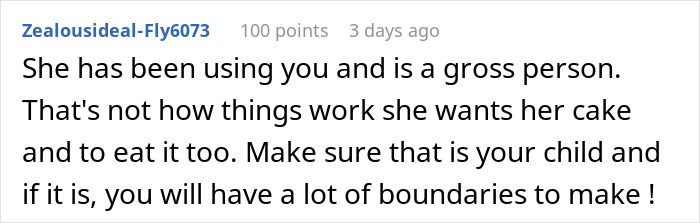Comment text expressing distrust toward pregnant girlfriend refusing move together, warning about boundaries and verifying child paternity.