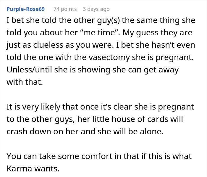 Comment discussing a pregnant girlfriend refusing to move together, suspecting deception and consequences of her actions.