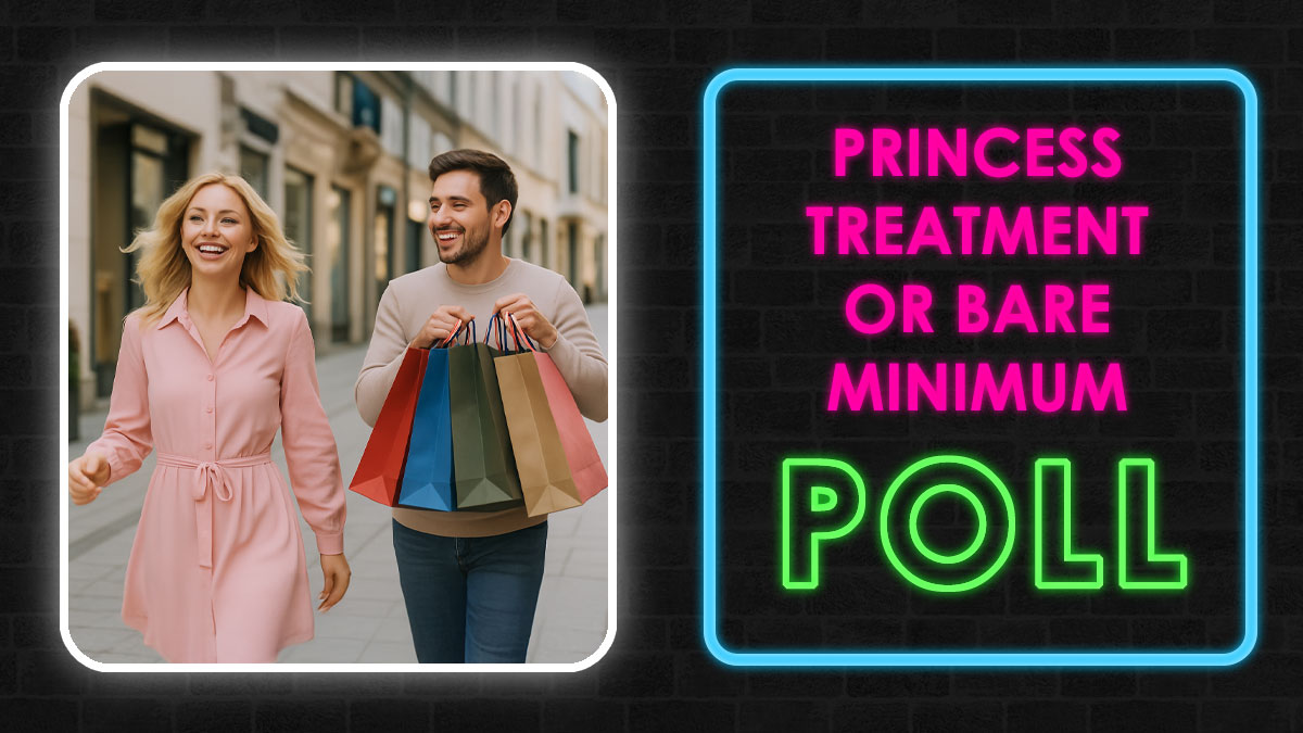 Couple shopping together smiling outdoors with neon sign about princess treatment poll on relationship gestures.