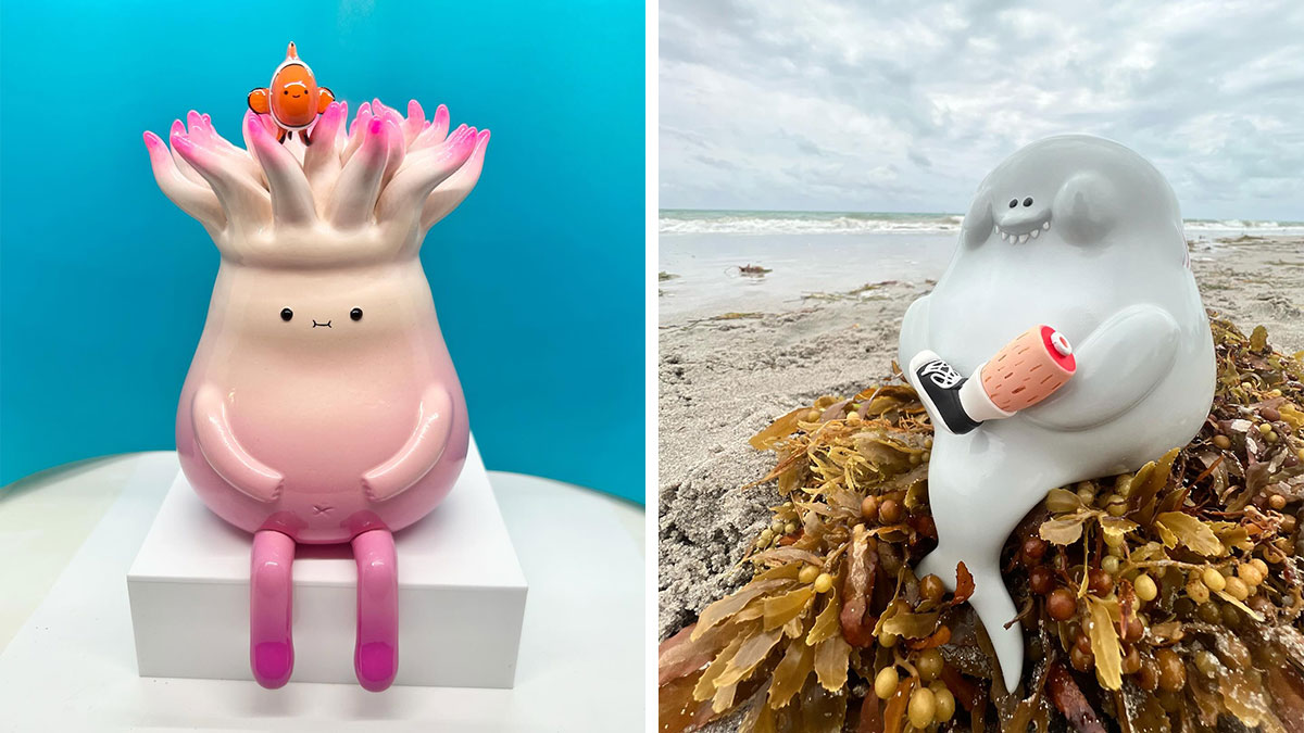 Two quirky sculptures bursting with personality, one pink with a clownfish and one gray holding a popsicle on a beach.