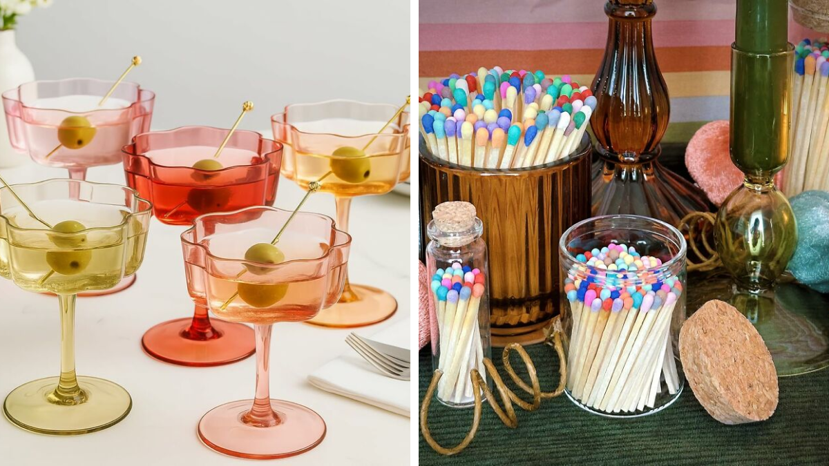 Colorful glass cocktail glasses with olives and jars of vibrant rainbow-tipped matches as unique gift ideas