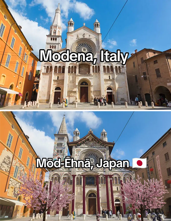 Comparison of Modena Italy cathedral before and after adding Japan elements including cherry blossoms and Japanese architecture style.