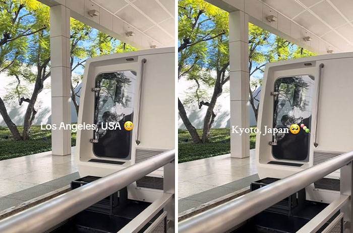 Side-by-side photos of a small booth in a park setting showcasing the difference Japan adds to the photo's aesthetic appeal.