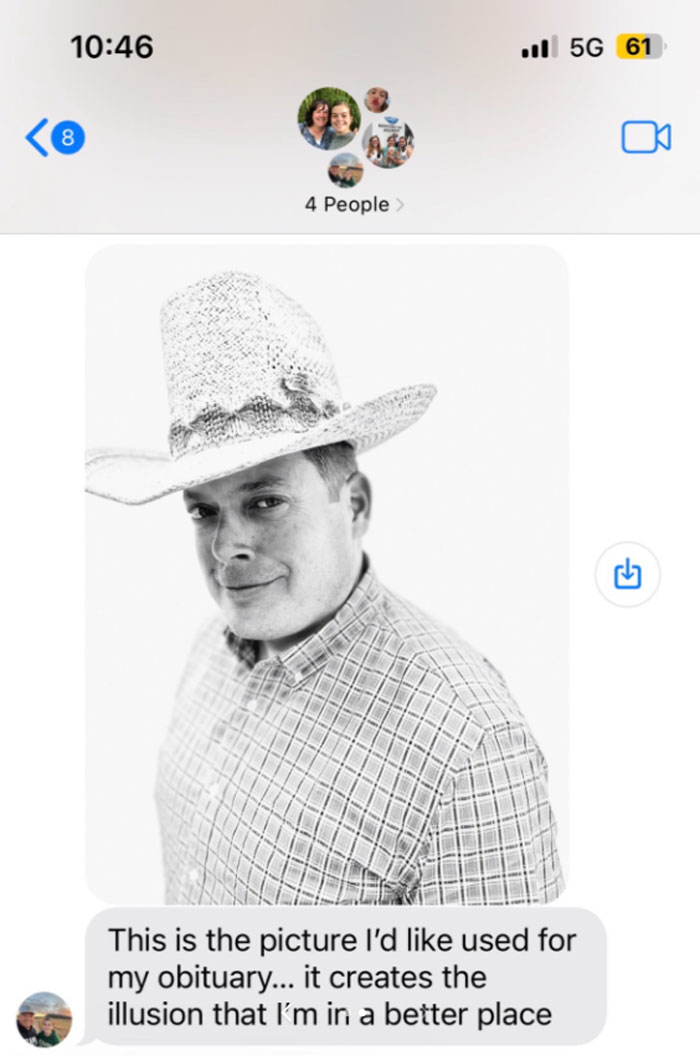 Screenshot of unhinged text message from parent sharing a photo with a humorous obituary caption in a group chat.