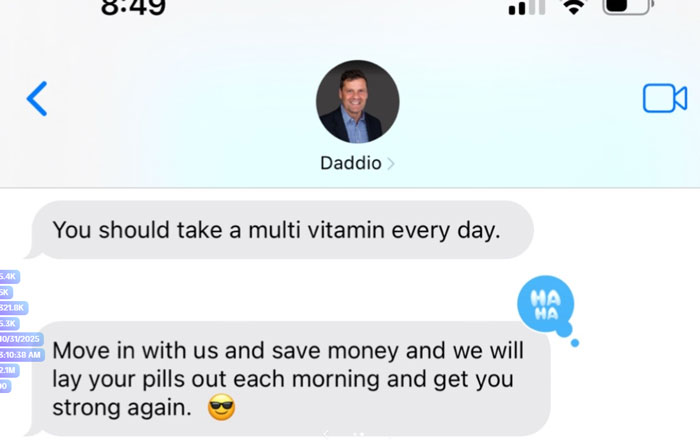 Screenshot of unhinged text messages from a parent offering to organize pills and save money with a humorous tone.