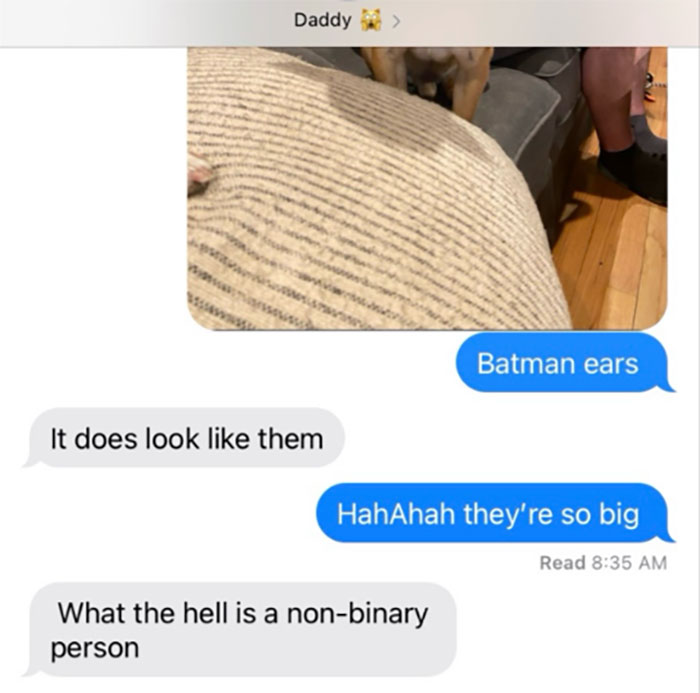 Text message exchange showing unhinged and hilarious texts from parents about pets and non-binary identity confusion.