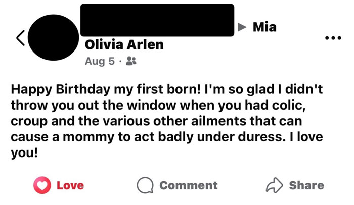 Screenshot of an unhinged text message from a parent humorously reflecting on tough moments with their firstborn child.