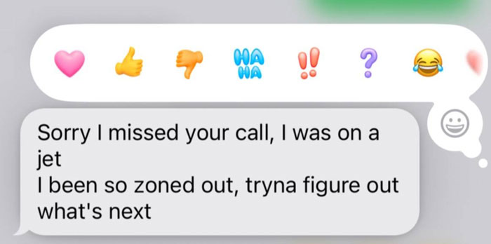 Unhinged text message from a parent showing confusion and humor about missing a call while being zoned out.