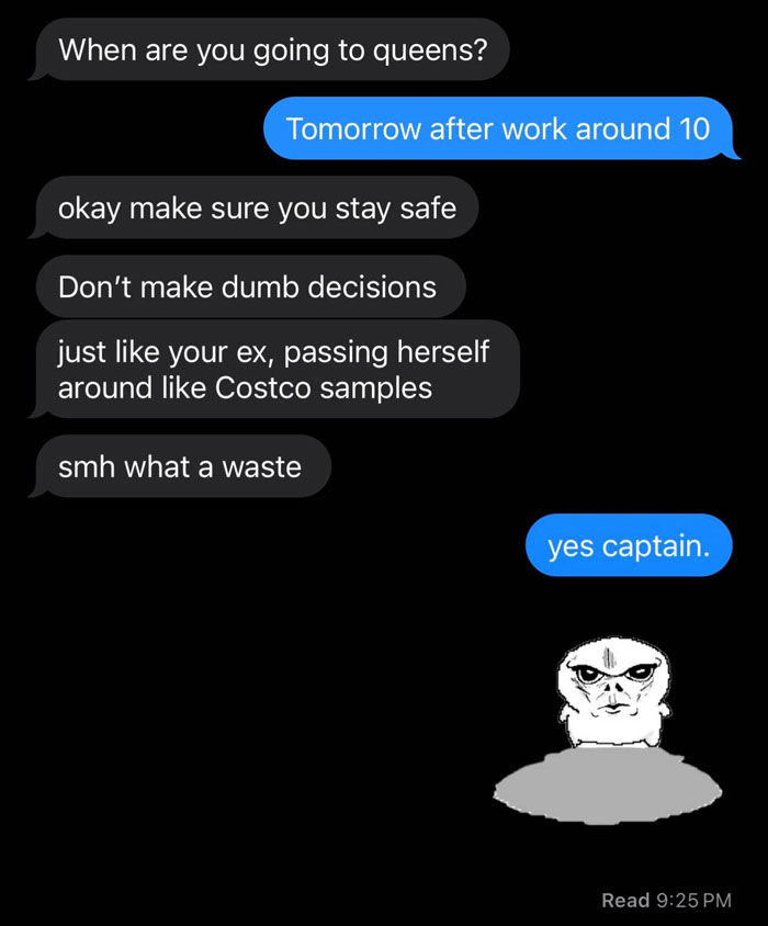 Text message conversation showing unhinged texts from parents with sarcastic replies and a humorous cartoon character.