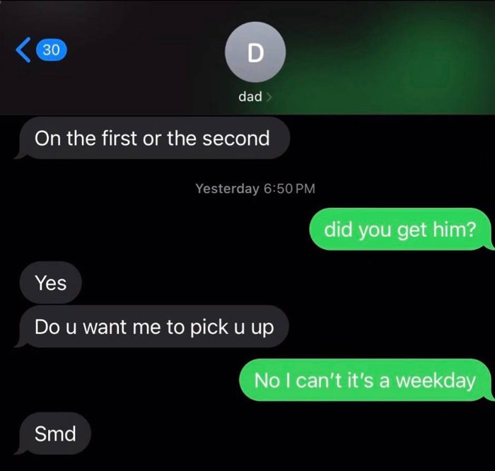 Unhinged text messages from parents showing humorous and confused conversation between a dad and child on a weekday.
