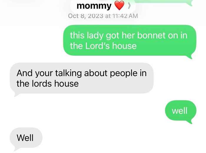 Text message exchange showing unhinged texts from parents with humorous misunderstandings about people in the Lord’s house.