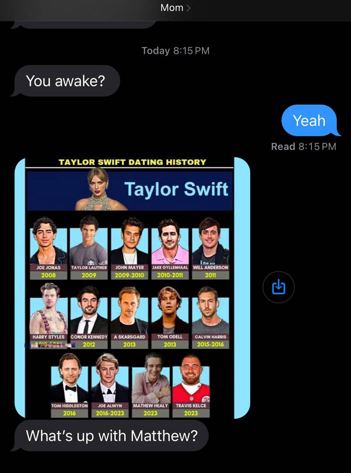 Text message from mom asking about Taylor Swift's dating history, highlighting unhinged and hilarious parent texts trend.