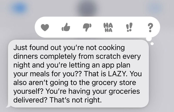 Text message from a parent showing unhinged and hilarious reactions about cooking and meal planning habits.