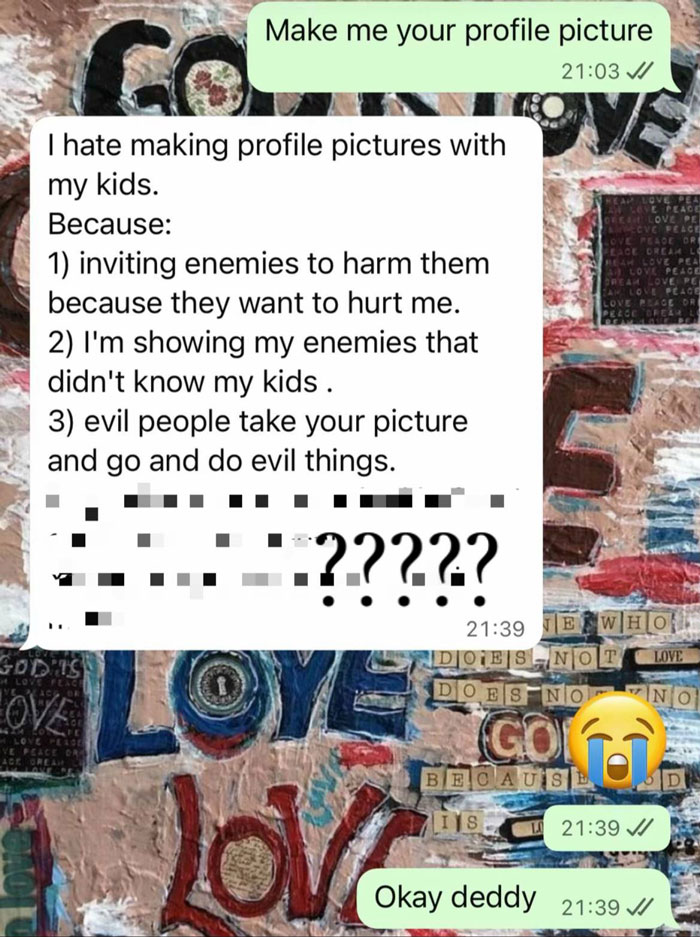 Text message showing unhinged parent warning about dangers of profile pictures with kids in a hilarious conversation.