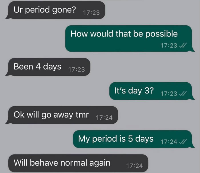 Text message exchange showing unhinged texts from parents about periods in a new trend that's hilarious.