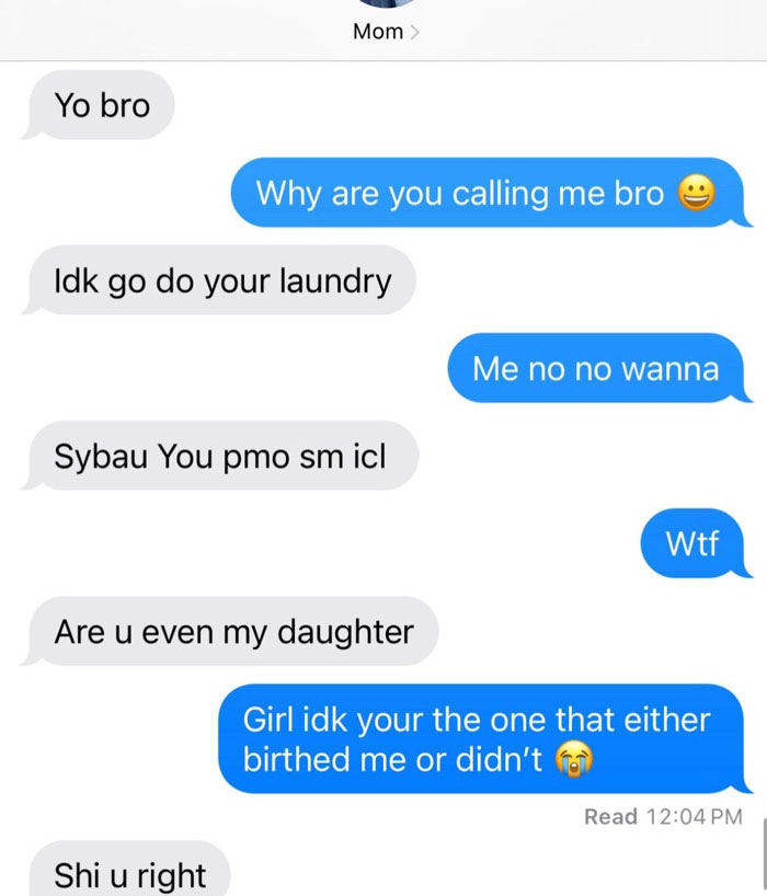 Text message conversation showing unhinged texts from parents with humorous and confusing replies between mother and daughter.