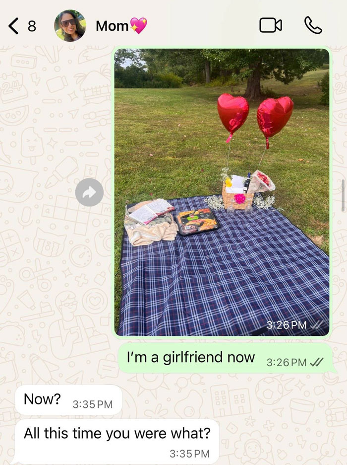 Text message exchange showing unhinged texts from parents with a picnic setup including heart balloons and snacks outdoors.